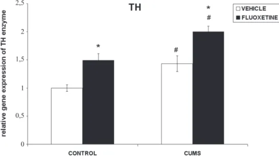 Figure 1 - Effect of chronic treatment with fluoxetine on tyrosine hydroxylase (TH) mRNA levels in adrenal medulla of rats  exposed to CUMS for 4 weeks