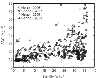Figure 10 -  Correlation between SSC (mg l -1 ) and salinity (g  kg -1 ) at the stationary sampling station at the four tidal surveys