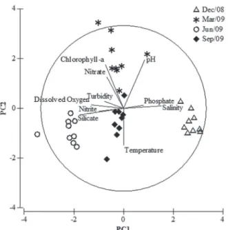 Figure 9 - Principal Component Analysis (PCA) of the en- en-vironmental variables studied at Ajuruteua beach, Bragança,  Pará.