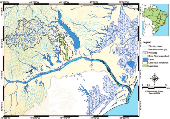Figure 1 - Lake District in the Lower Doce River Valley (Linhares, ES) and Lake Nova and its watershed.