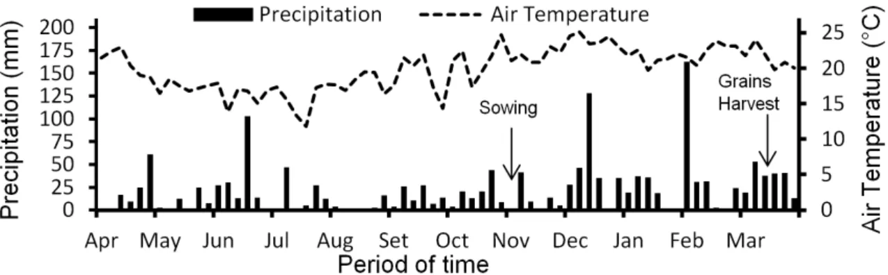 Figure 1  - Air temperature and precipitation during the research period from April to March.