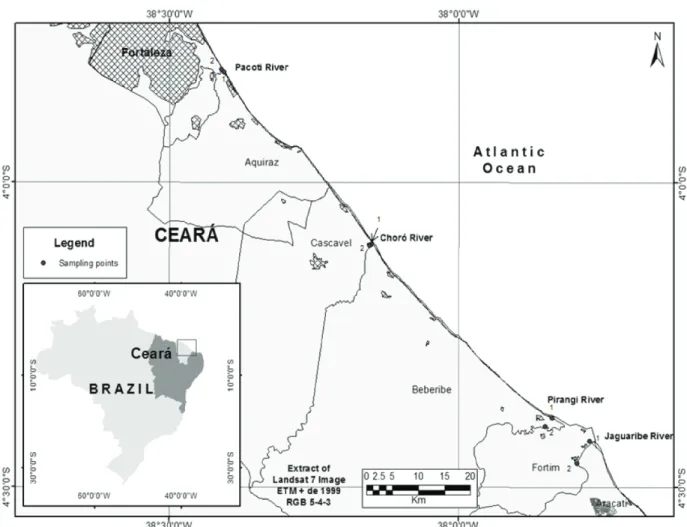 Figure 1 - Map of estuarine collection sites (Pacoti, Choró, Pirangi and Jaguaribe), Ceará, Brazil.