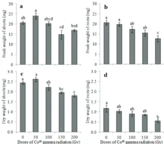 Figure 4 - The fresh weight of shoots (a) and roots (b) and the  dry weight of shoots (c) and roots (d) of castor bean seedlings  exposed to different doses of Co 60  gamma radiation and  evaluated after 21 days