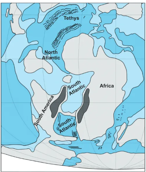 Figure 2 - Paleogeographic reconstruction of Atlantic Ocean in the Albian (modified from  Azevedo 2004).