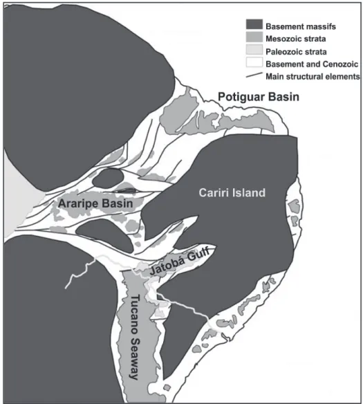 Figure 3 - Map showing possible intermittent marine connections between South and North  Atlantic during Cretaceous (modified from Martill et al
