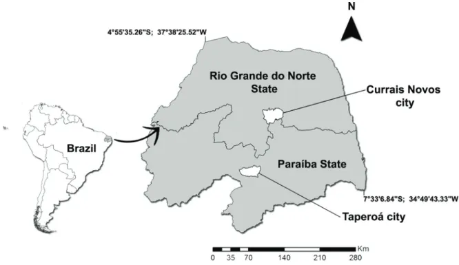 Figure 1 - Location map of the fossil localities (Lagoa do Santo site, Currais Novos municipality, Rio Grande do Norte State and  Campo Alegre site, Taperoá municipality, Paraíba State).