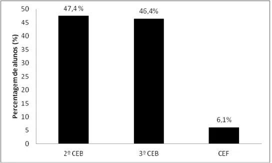 Gráfico  1  -  Percentagem  de  alunos  nos  2º  e  3º  Ciclos  do  Ensino  Básico  (CEB)  e  Cursos  de  Educação  e  Formação  (CEF)