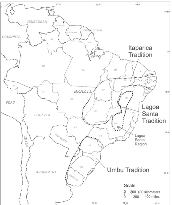 Figure 1 - Eastern South America and approximate areas of occurrence of Umbu, Lagoa Santa and Itaparica  traditions.