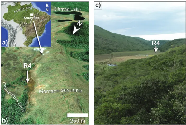 Figure 1 - a)  Location of the study site and its position into South America and biogeographic limits of the Amazonia (RAISG  2009)