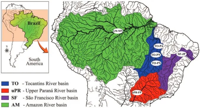 Figure 1 - Sampling locations of Cichla  populations native from the Tocantins-Araguaia (To) and Amazonas river (AM)  basins and from Neotropical cichlids species from upper Paraná river (aPr)