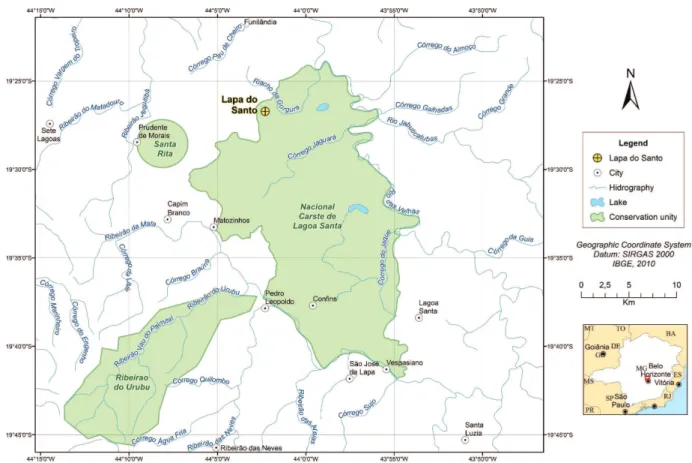 Figure 1 - Location of Lapa do Santo in the Brazilian map, showing the main rivers and cities from the Lagoa Santa region (Figure  credit: Marcelo da Costa Silva) (see the colors in the online version).