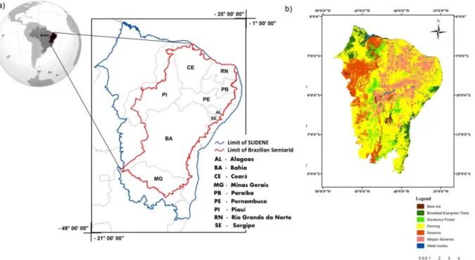 Figure 1 - Geographic limits of the monitored area (SUDENE’s acting area - blue line; limits of the Brazilian semiarid region - red  line)﻿ (a)﻿; and land use and land cover map of the Brazilian Northeast (Source: Adapted from Vieira et al