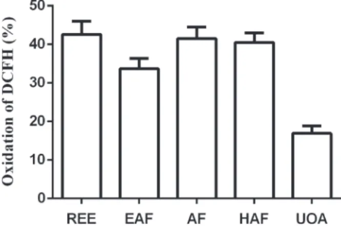 Figure 3 - Cytoprotective activity (%) of the raw ethanol  extract (REE), ethyl acetate (EAF), alcoholic (AF), and  hydroalcoholic (HAF) fractions and ursolic and oleanolic acids  mixture (UOA) at 10 µg/mL from M