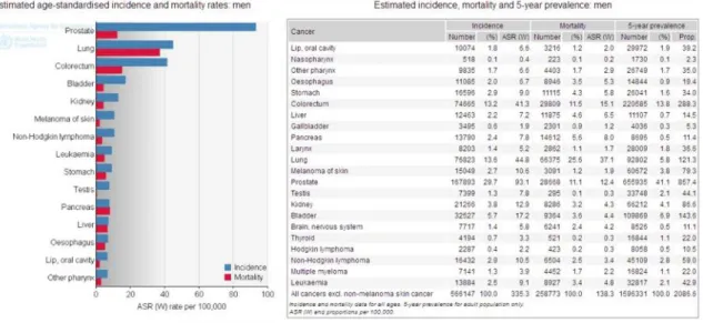 Figura 2.1 – Estimativa da incidência e mortalidade por casos de cancro na Europa Ocidental em 2008, no sexo masculino, por tipo de cancro.