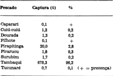 TABELA  20  - Distribul~io  das  capturas  (em  t)  e  das  percentagens  por  tipo  de  pescado  capturado  por  estiradeira  em  1976