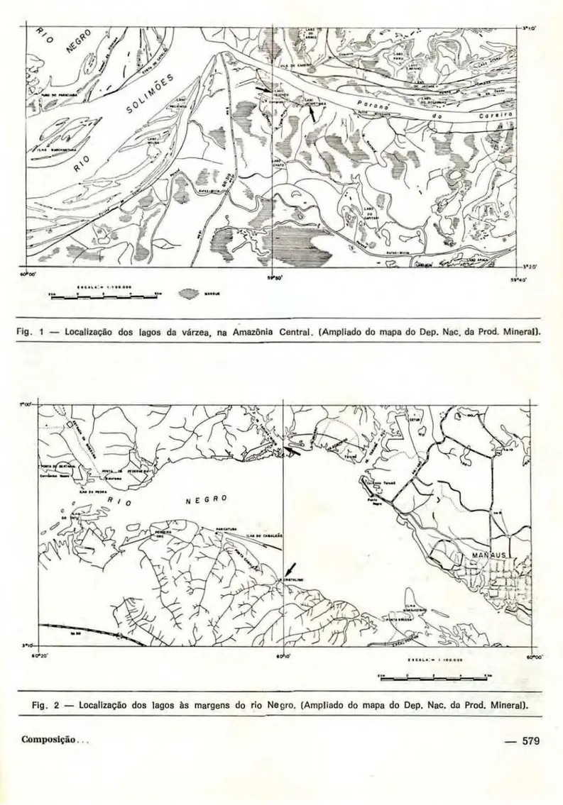 Fig. 1 — Localização dos lagos da várzea, na Amazônia Central. (Ampliado do mapa do Dep