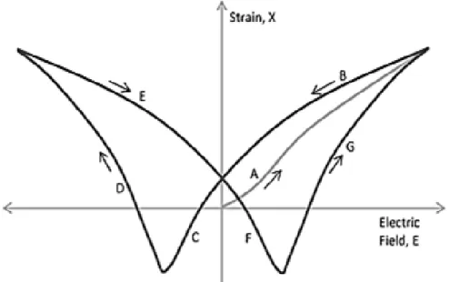 Figura 2.9 – Deformação de um PZT com a aplicação de um campo elétrico entre os limites da excitação [42]