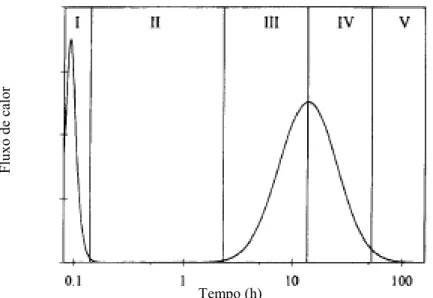 Figura 11 – Esquema da evolução do fluxo de calor na hidratação do cimento (Adaptado de Jolicoeur, 1998)