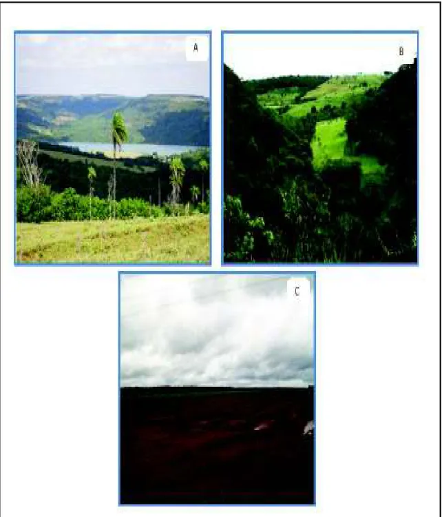 Figura 26: Características das unidades morfoesculturais encontradas em Indianópolis: (A) – Canyon  do  Araguari  com  vertentes  abruptas  e  forte  entalhamento  dos  vales;  (B)  –  Planalto  Dissecado  com  modelado mais dissecado pela proximidade do c