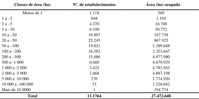 TABELA 11 – Goiás: Número e área dos estabelecimentos rurais por classes de área  1995/96 