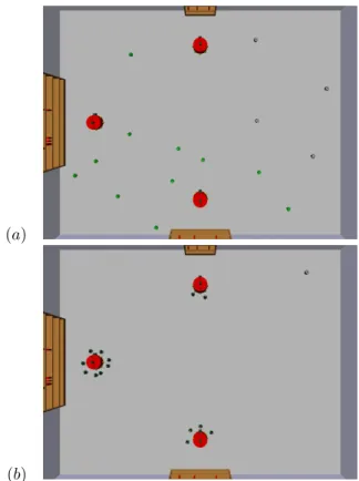Fig. 3. An example of a task allocation scenario, (a) at the moment tasks are announced and (b) at the moment sufficient Footbots are assigned.