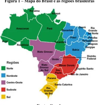 Figura 1 – Mapa do Brasil e as regiões brasileiras 