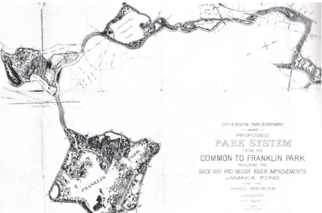 Figura 9: Sistema de Parques proposto por Olmsted para a cidade de Boston, E.U.A., em 1887  Fonte: The Landscape of Man (1996)  