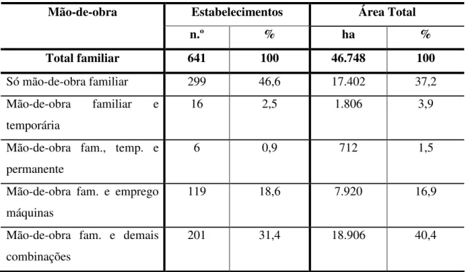 Tabela  10  –  Ituiutaba  (MG):  mão-de-obra  na  agricultura  familiar  por  tipo  e  combinação  em relação aos estabelecimentos (%) e área (%) - 1995/96 
