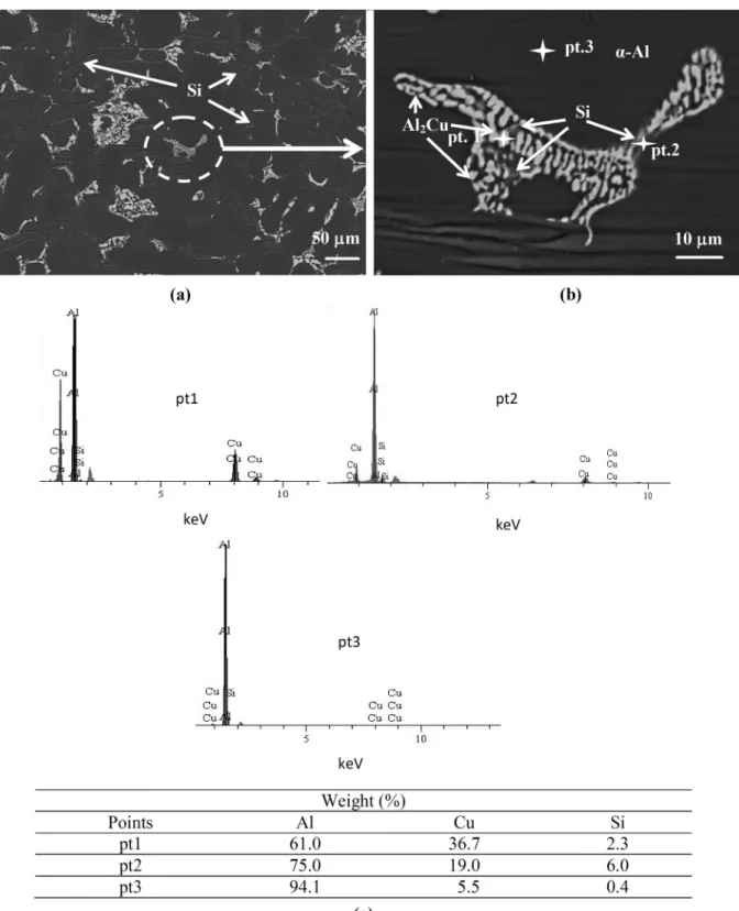 Figure 6 - Typical SEM micrograph and EDAX patterns of a Al-6wt.%Cu-8wt.%Si alloy sample at 40 mm (V L  = 0.33 mm/s, T R  =  0.91 K/s and λ 1  = 302.3 µm) from the cooled surface of the casting for Al-6wt.%Cu-8wt.%Si alloy: (a) Accelerating Voltage: 20  kV