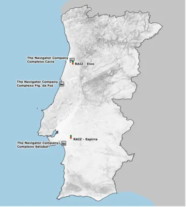 Figura 1.1. Localização geográfica da atividade da The Navigator Company  a nível Nacional