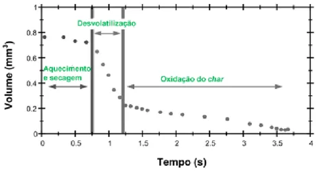 Figura 2.5. Perda de volume  d e uma partícula de biomassa durante as etapas do processo de  combustão (Adaptado de  van Loo &amp; Koppejan, 2008)