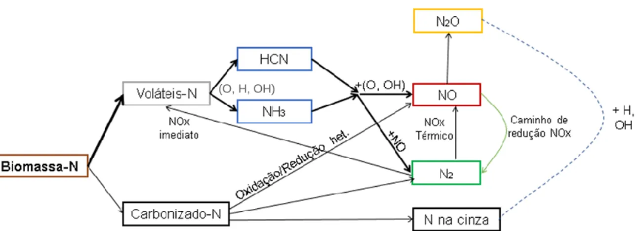 Figura 3.1. Diagrama simplificado d a conversão do azoto  presente  no combustível durante a  combustão de biomassa (Adaptado de Houshfar  et al, 2012; Khan  et al, 2009)