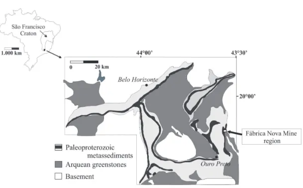 Figure 8 - Simplified geological map and the location of the Fábrica Nova Mine region in the Quadrilátero  Ferrífero, Minas Gerais, Brazil (modified from Dorr 1969).