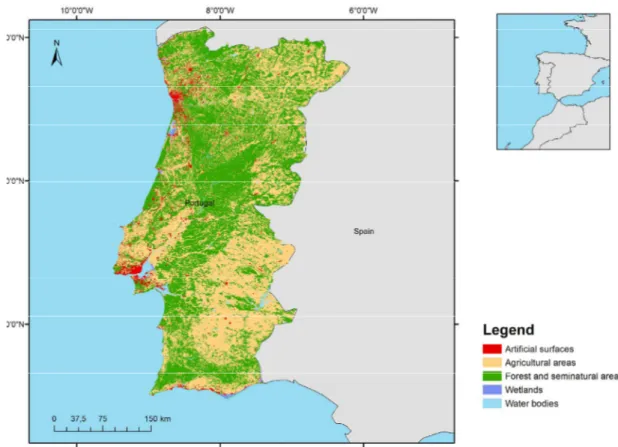 Figure 1  - Study area showing CORINE Land Use and Land Cover 2006 map of Continental Portugal