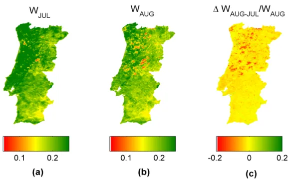 Figure 4 -  Minimum value composites of W for July (a), August  (b) 2005. Normalized differences between the  composites of August and July  (c) .
