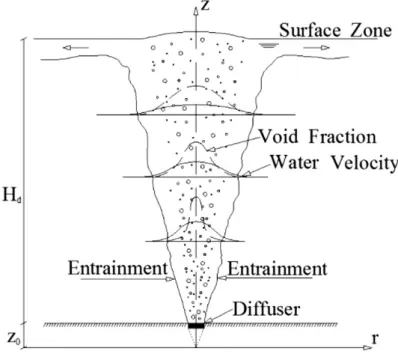 Figure 1 - Sketch of a round bubble plume in stagnant water.