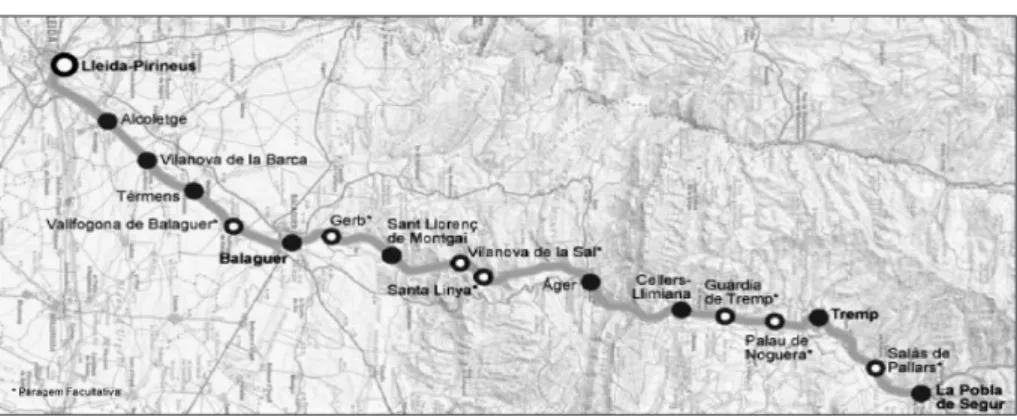FIGURA 1 – Mapa da linha regional Lleida – La Pobla de Segur | © trenscat, 2015.