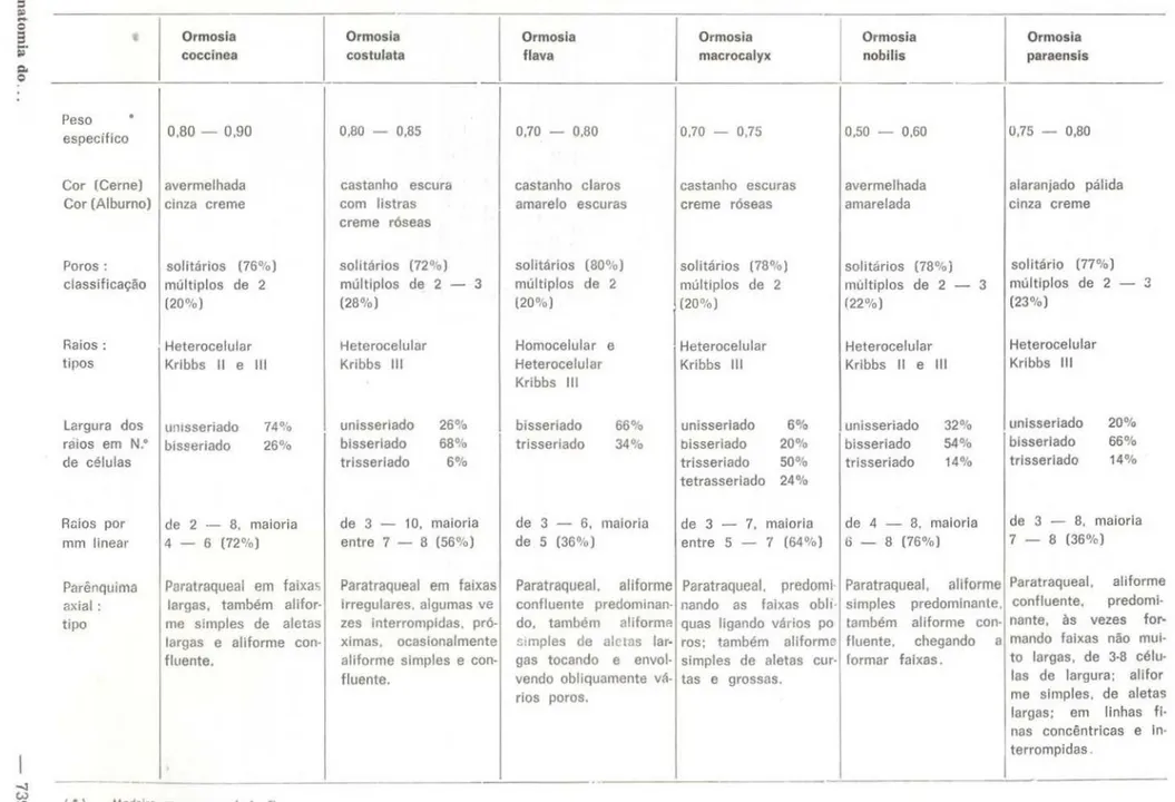 TABELA  1  - Principais  caracteres  anatômicos  diferenciais  do  lenho  das  espécies  estudadas