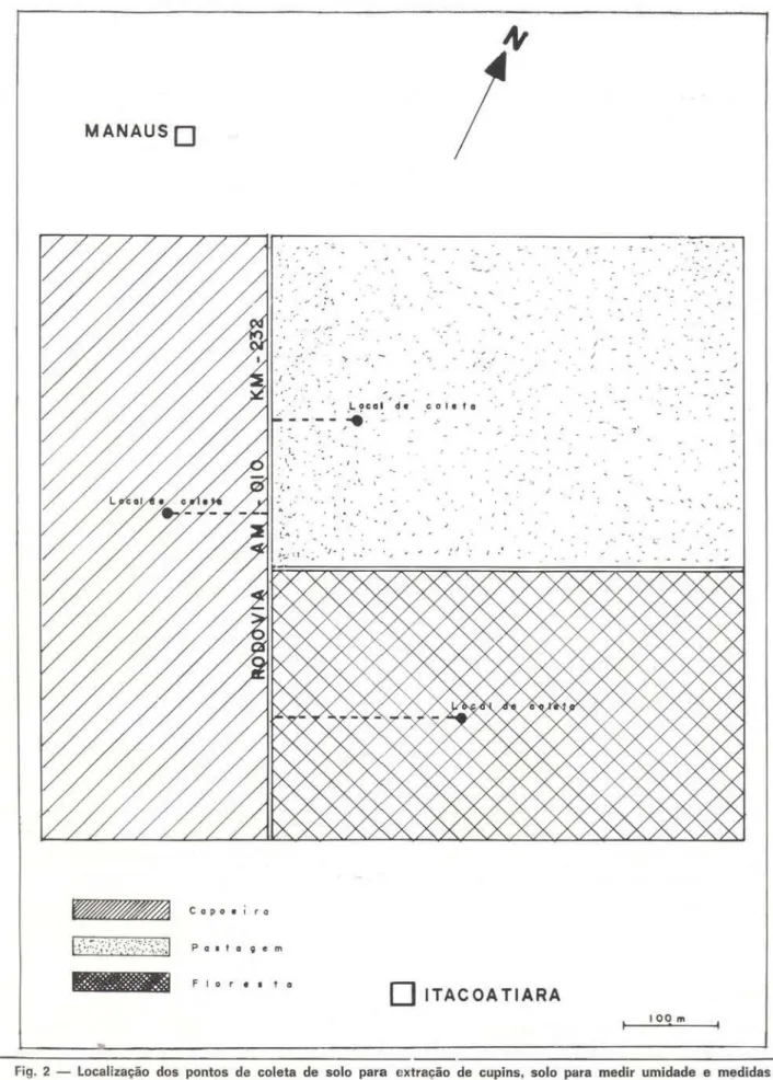 Fig.  2  - localização  dos  pontos  de  coleta  de  solo  para  extração  de  cupins,  solo  para  medir  umidade  e  medidas  de  infiltração  de  água  no  solo