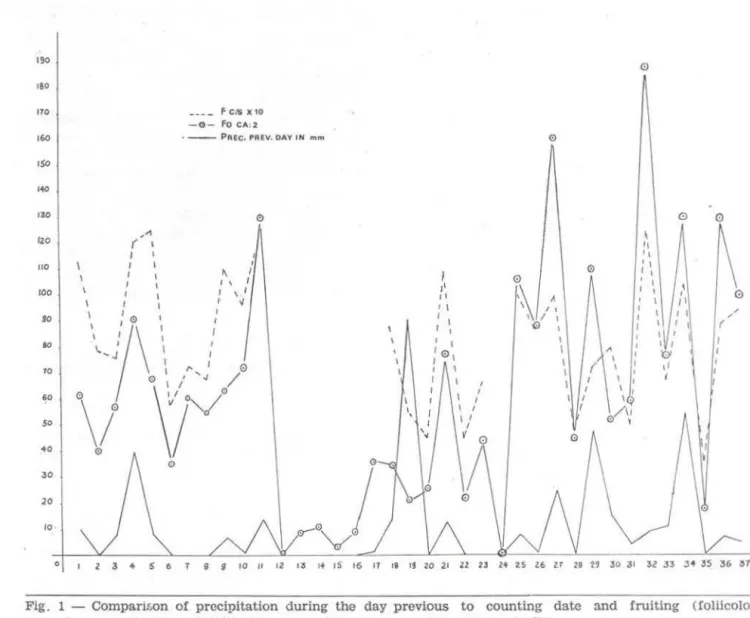 Fig.  1 - COmpanson  of  prccipitation  during  the  day  previous  to  counting  date  :md  fruiting  ( folücol o u~ 