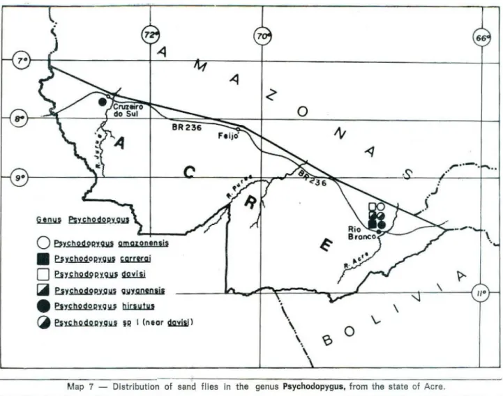 Table 2 presents a complete list of all the  sand flies recorded by Martins &amp; Silva [1964)  and those collected here, as well as indicating  all new state records