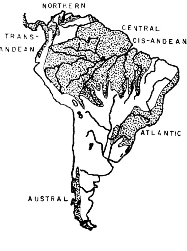 FIG.  1 .   Ra i n f o r e s t s   o f   S o u t h  Ame r i c a   ( a d a p t e d  f r o m  L y n c h ,   1 9 7 9 ) 