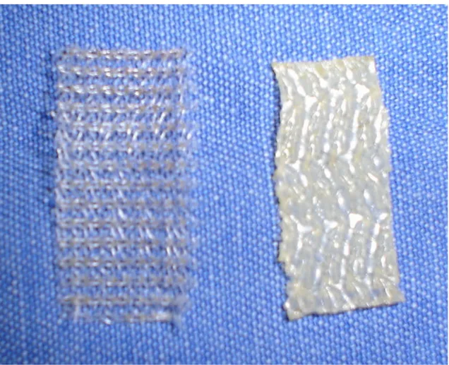 Figura 2.   Aspecto das próteses de polipropileno (à esquerda) e polipropileno  revestida por látex (à direita)  