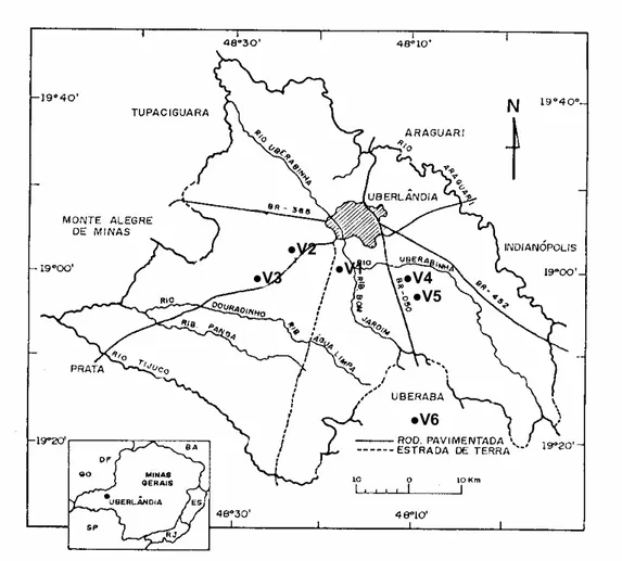 Figura 1. Localização das veredas estudadas: cinco no município de Uberlândia, MG (V1,  V2, V3, V4 e V5) e uma no município de Uberaba, MG (V6)