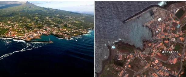 Figura 7 - Fotografia aérea da vila de Madalena antes da implantação do quebra-mar Oeste; Porto da  Madalena – Google Earth 