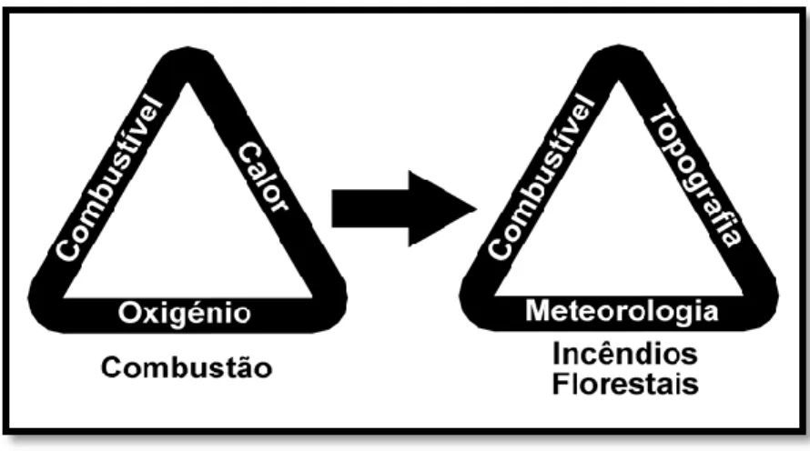 Figura 1 – Fatores envolvidos na combustão, à esquerda, e no comportamento dos  incêndios florestais, à direita