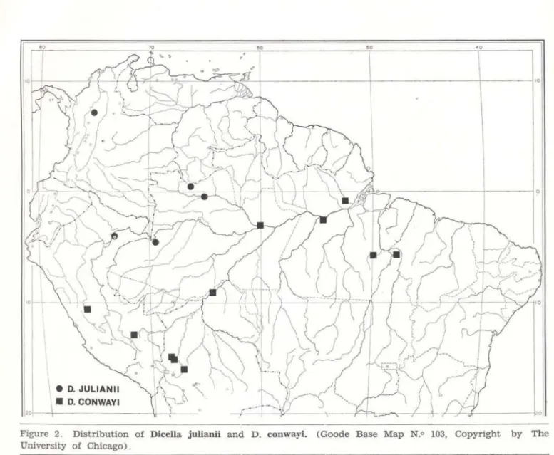 Figure  2.  Distribution  of  Dicella  julianii  and  D.  conwayi.  (Goode  Base  Map  N