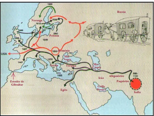 Figura 3. Mapa hipotético da migração cigana (retirado e adaptado de  http://www.souhssz.com/za-uchjenika/prjezjentatsii/proizkhod-na-romitje/) 