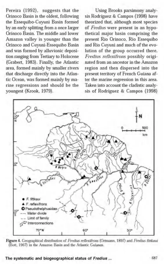 Figure 4. Geographical distribution of Fredius reflexifrons (Ortmann, 1897) and Fredius fittkaui  (Bott, 1967) in the Amazon Basin and the Atlantic Guianas. 