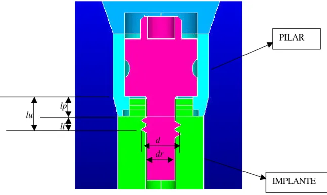 Figura 4.4 – Convenção utilizada para modelar a interface pilar/implante. Na figura d  é o diâmetro nominal, dr o diâmetro de raiz